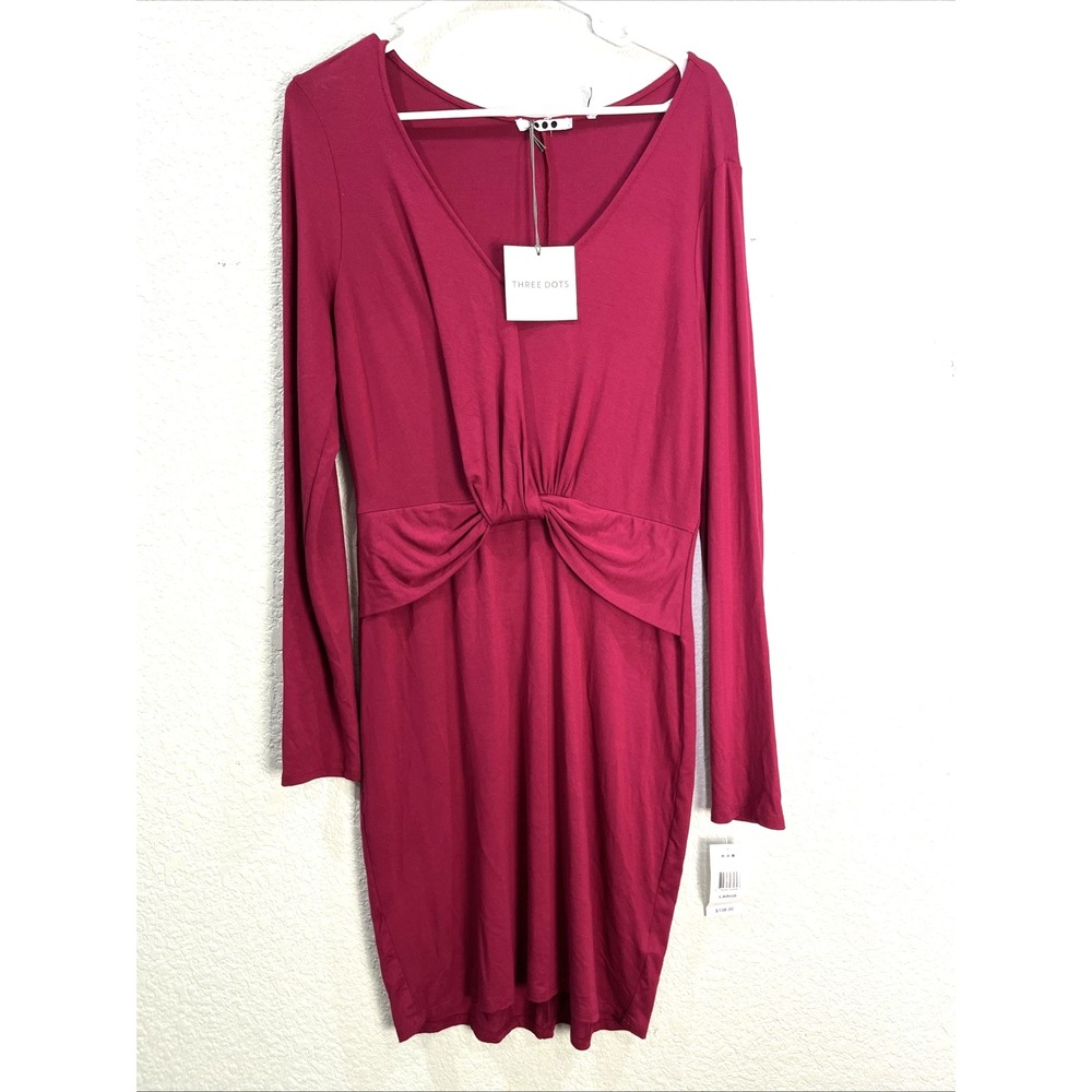 THREE‎ DOTS Long Sleeve V Neck Twist Front Jersey Dress L Raspberry Semi Formal